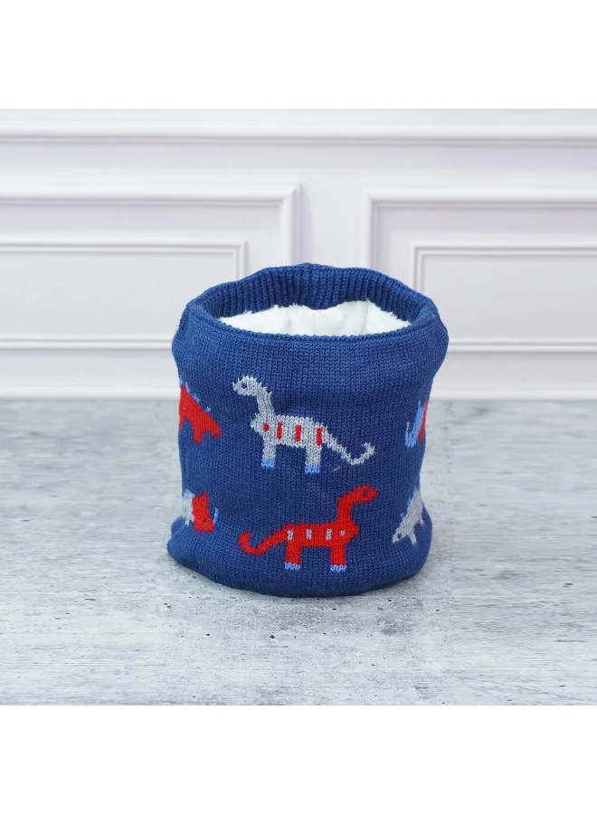 LITTLE SURPRISE BOX 2Pcs Blue & Red Dino Themed Beanie Winter Cap With Matching Neck Cuff Style Muffler For Kids