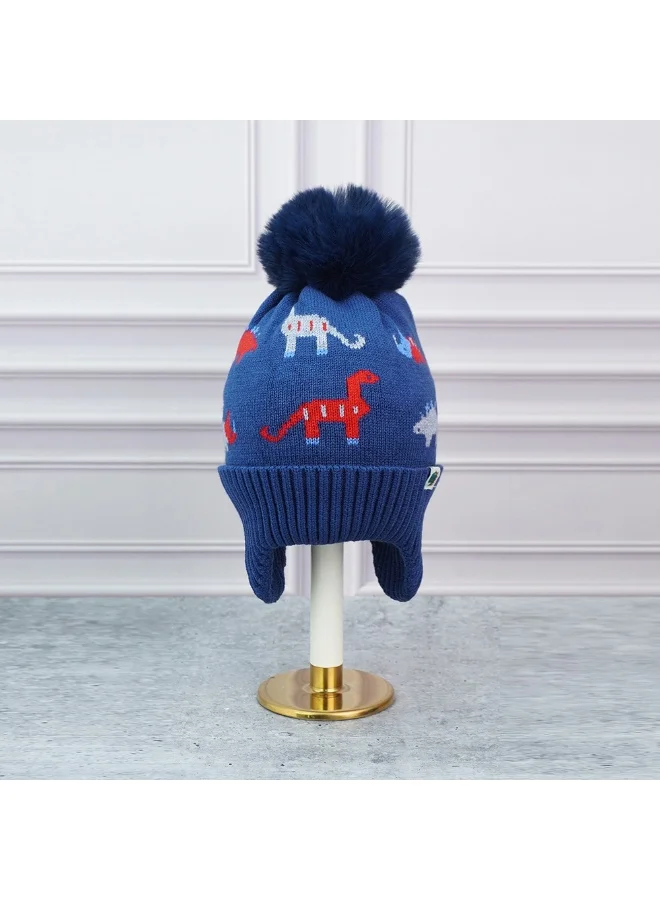 LITTLE SURPRISE BOX 2Pcs Blue & Red Dino Themed Beanie Winter Cap With Matching Neck Cuff Style Muffler For Kids