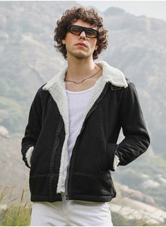 Campus Sutra Men's Carbon Black & Chalk White Fleece Lined Biker Jacket  - Image 1