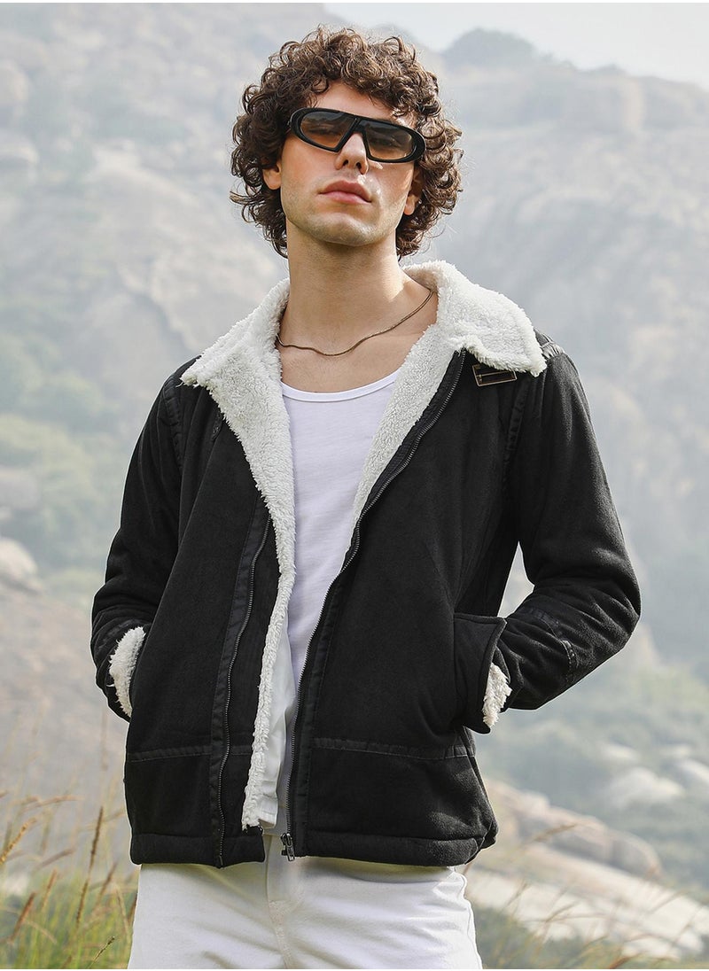 Campus Sutra Men's Carbon Black & Chalk White Fleece Lined Biker Jacket  - Image 1