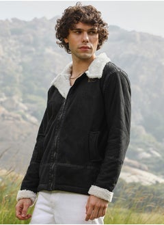 Campus Sutra Men's Carbon Black & Chalk White Fleece Lined Biker Jacket  - Image 3