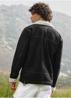 Campus Sutra Men's Carbon Black & Chalk White Fleece Lined Biker Jacket  - Image 5