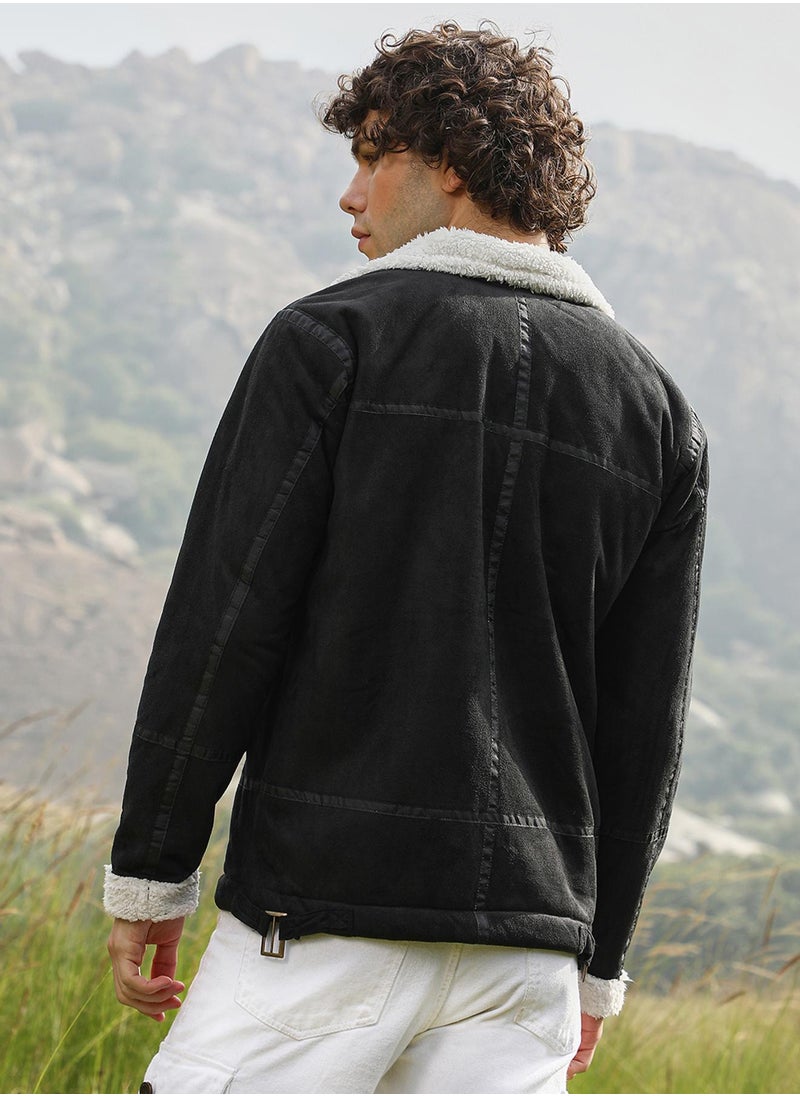 Campus Sutra Men's Carbon Black & Chalk White Fleece Lined Biker Jacket  - Image 5