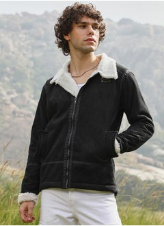 Campus Sutra Men's Carbon Black & Chalk White Fleece Lined Biker Jacket  - Image 2