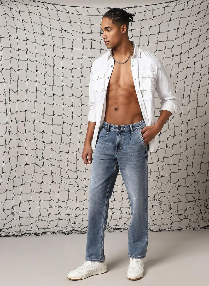 Men's Indigo Cotton Blend Distressed Full Length Relaxed Fit Jeans