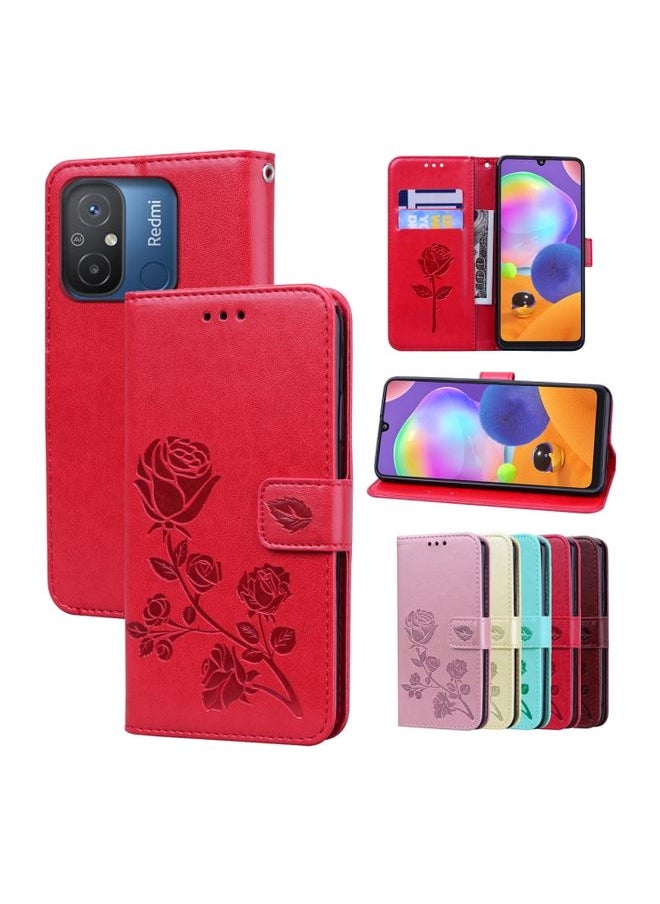 HuHa Case Cover For Xiaomi Redmi 12C/11A 4G Global/Poco C55 Rose Embossed Flip PU Leather Phone Case Red 