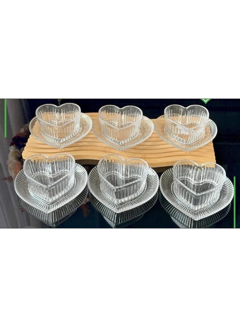 13-Piece Romantic Heart-Shaped Glass Dessert Bowl & Saucer Set with Wave-Patterned Luxury Wooden Display Base - Image 3