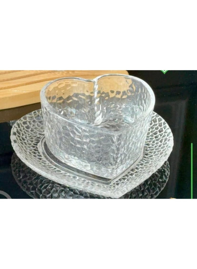 13-Piece Romantic Heart-Shaped Glass Dessert Bowl & Saucer Set with Wave-Patterned Luxury Wooden Display Base - Image 2