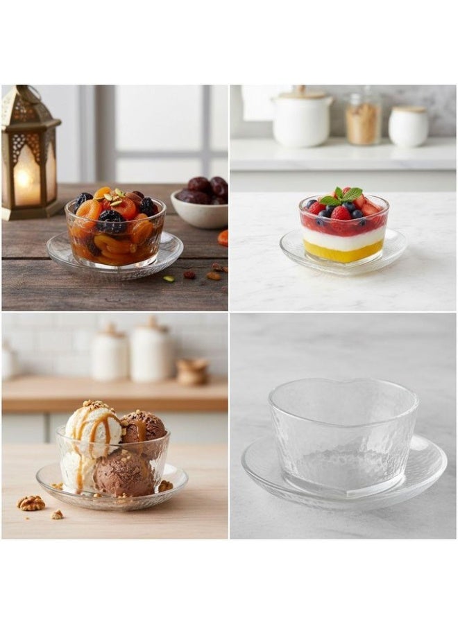 13-Piece Romantic Heart-Shaped Glass Dessert Bowl & Saucer Set with Wave-Patterned Luxury Wooden Display Base - Image 5