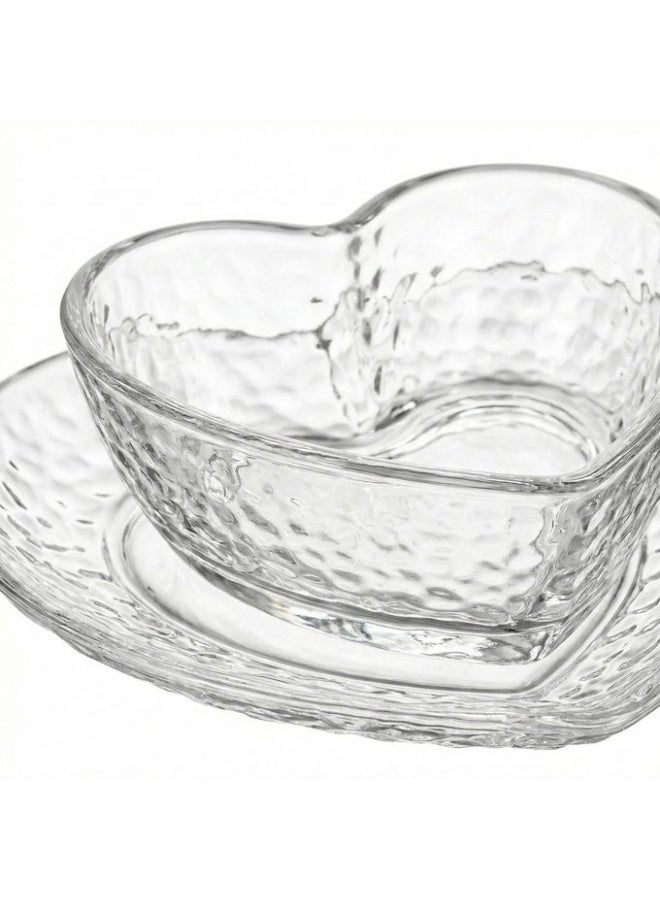 13-Piece Romantic Heart-Shaped Glass Dessert Bowl & Saucer Set with Wave-Patterned Luxury Wooden Display Base - Image 1