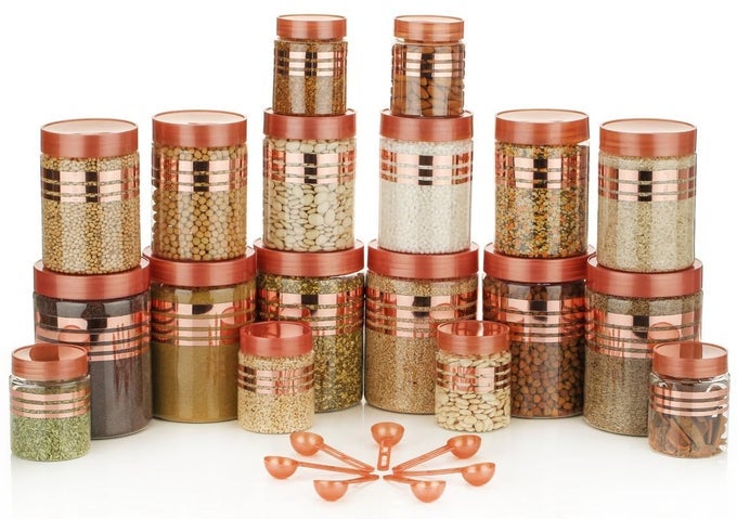 MULTIPURPOSE UNBREAKABLE PLASTIC PRINTED ROSEGOLD LINE CONTAINER SET MASALA BOX FOR KITCHEN STORAGE BOX FOR SPICE, PACK OF 18 (6 PCS OF EACH 350ML, 650ML, 1200ML WITH 18 SPOONS)
