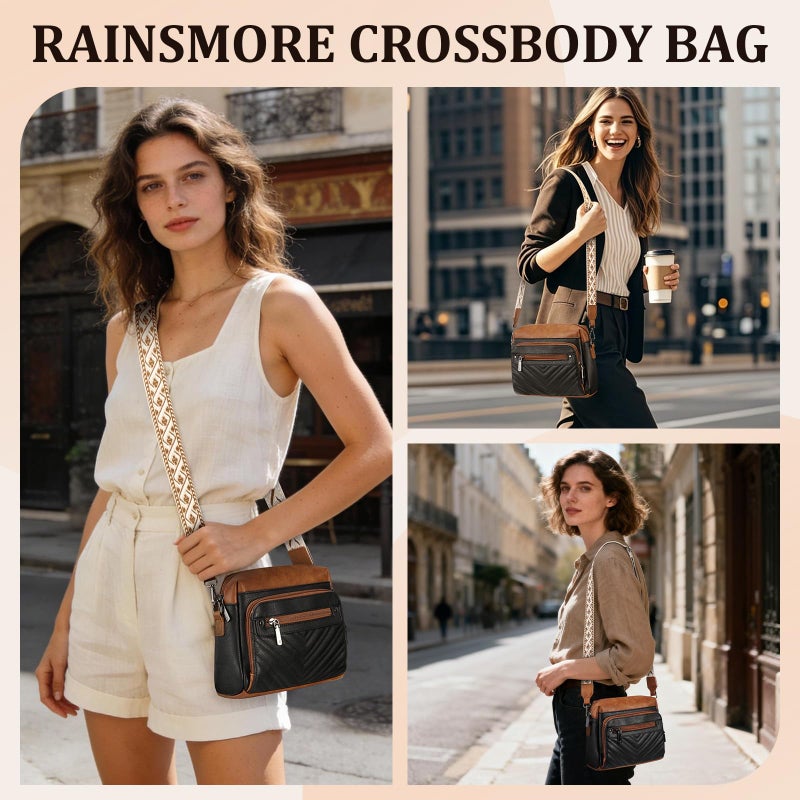 RAINSMORE Crossbody Bags for Women, Multi Pockets Cross Body Purse, Leather Womenâ€™s Crossbody Shoulder Handbags with Built in Wallet for Travel Shopping, BlackBrown - Image 2
