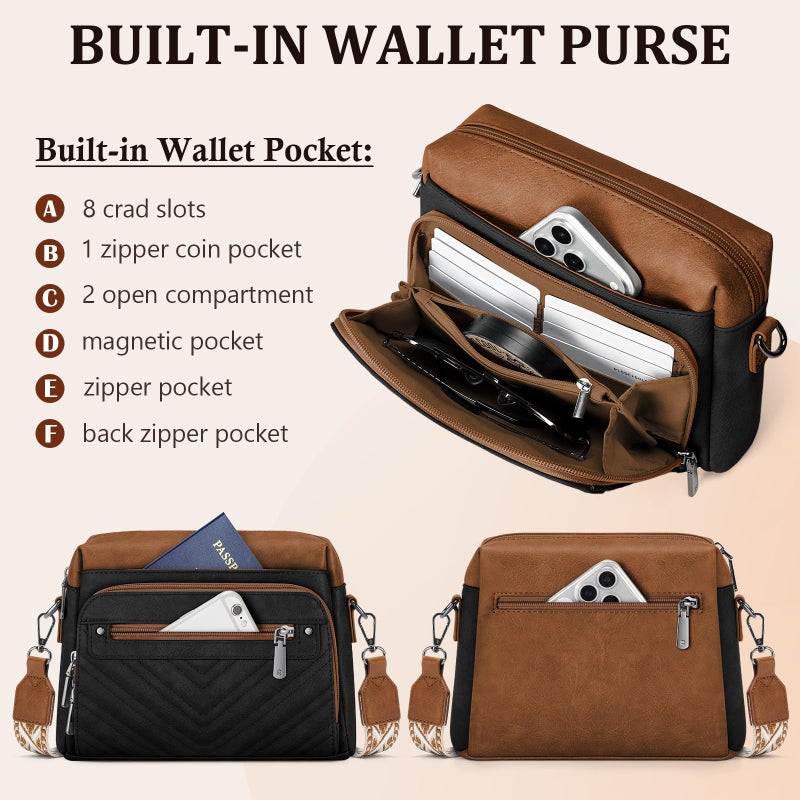 RAINSMORE Crossbody Bags for Women, Multi Pockets Cross Body Purse, Leather Womenâ€™s Crossbody Shoulder Handbags with Built in Wallet for Travel Shopping, BlackBrown - Image 3