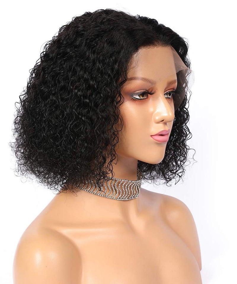 Choshim Hair T Part Tight Curly Lace Front Wig Virgin Human Hair 13x1x5 Hand Made Water Wave Lace Wigs Natural Color Middle Part Front Lace Wig for Black Women (12inches, 150% Density)