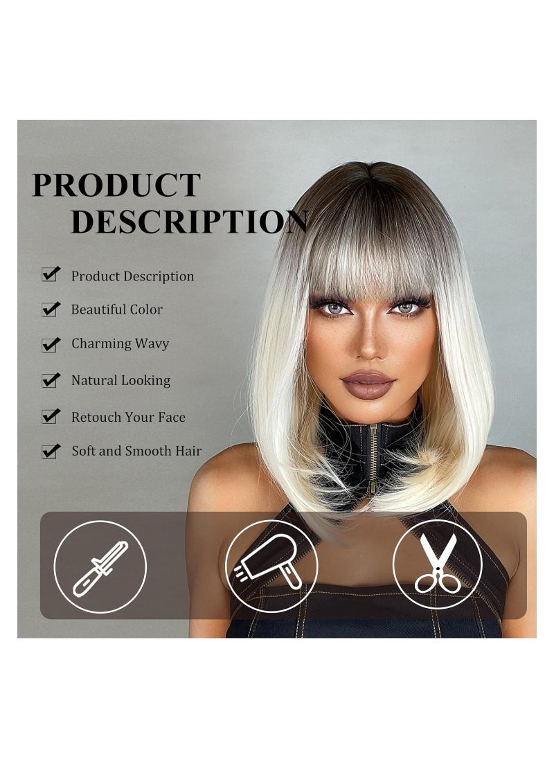 SYOSI باروكة شعر بوب قصيرة، باروكة شعر بوب أشقر قصيرة مع غرة للنساء، باروكة شعر صناعية مستقيمة مع غرة، جذور داكنة، ألياف طبيعية مقاومة للحرارة، شعر صناعي للحفلات اليومية  - Image 2