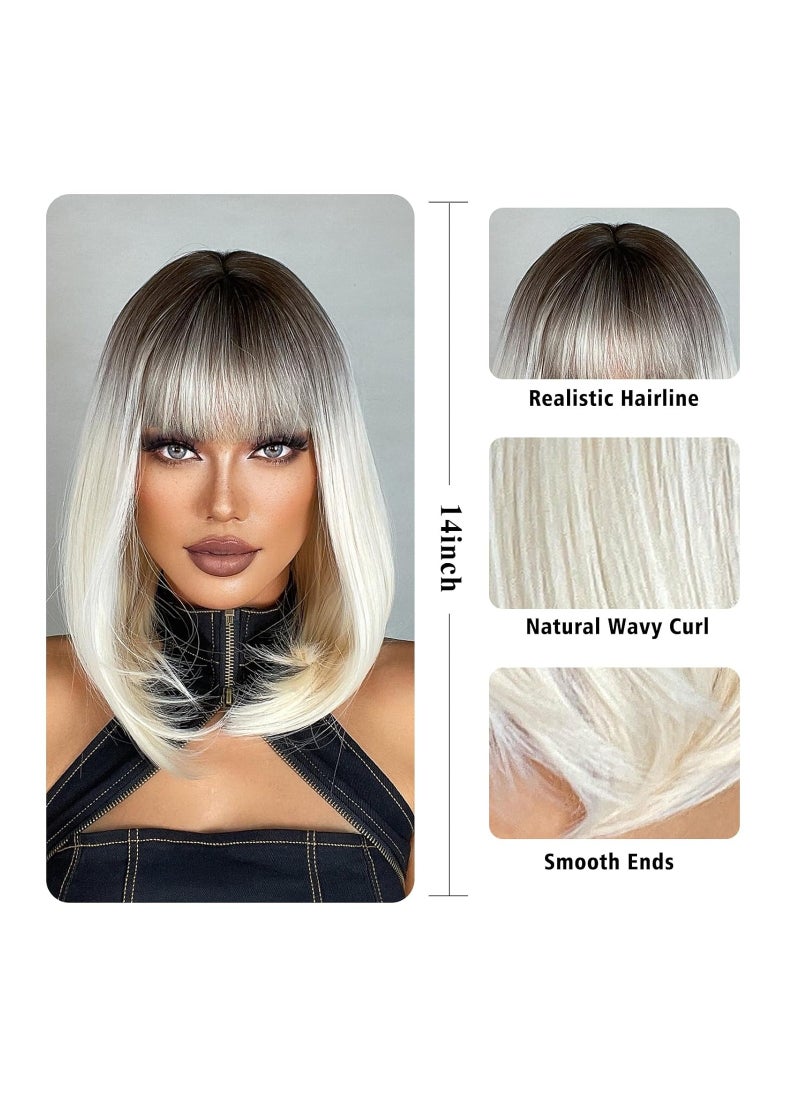 SYOSI باروكة شعر بوب قصيرة، باروكة شعر بوب أشقر قصيرة مع غرة للنساء، باروكة شعر صناعية مستقيمة مع غرة، جذور داكنة، ألياف طبيعية مقاومة للحرارة، شعر صناعي للحفلات اليومية  - Image 4
