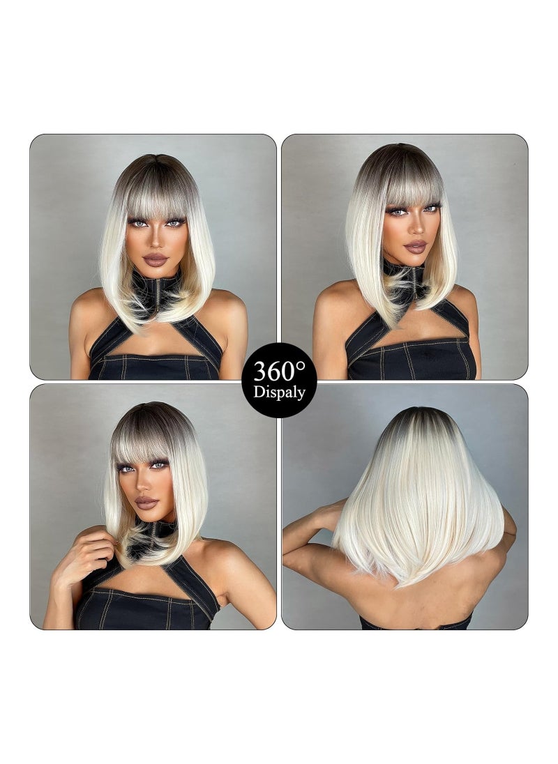 SYOSI باروكة شعر بوب قصيرة، باروكة شعر بوب أشقر قصيرة مع غرة للنساء، باروكة شعر صناعية مستقيمة مع غرة، جذور داكنة، ألياف طبيعية مقاومة للحرارة، شعر صناعي للحفلات اليومية  - Image 3