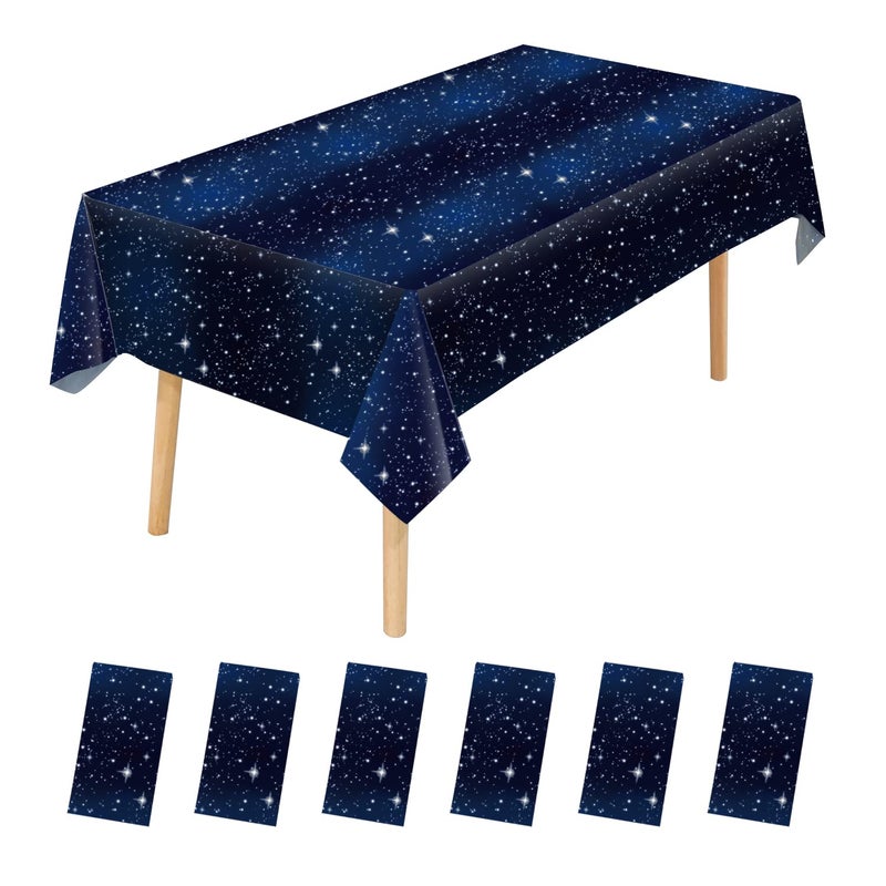JHDZDHY 6 Pack Space Tablecloth Starry Night Tablecloth Disposable Plastic Galaxy Table Cover 54 X 108 Inch Space Themed Party Supplies for Birthday Parties Decorations Blue