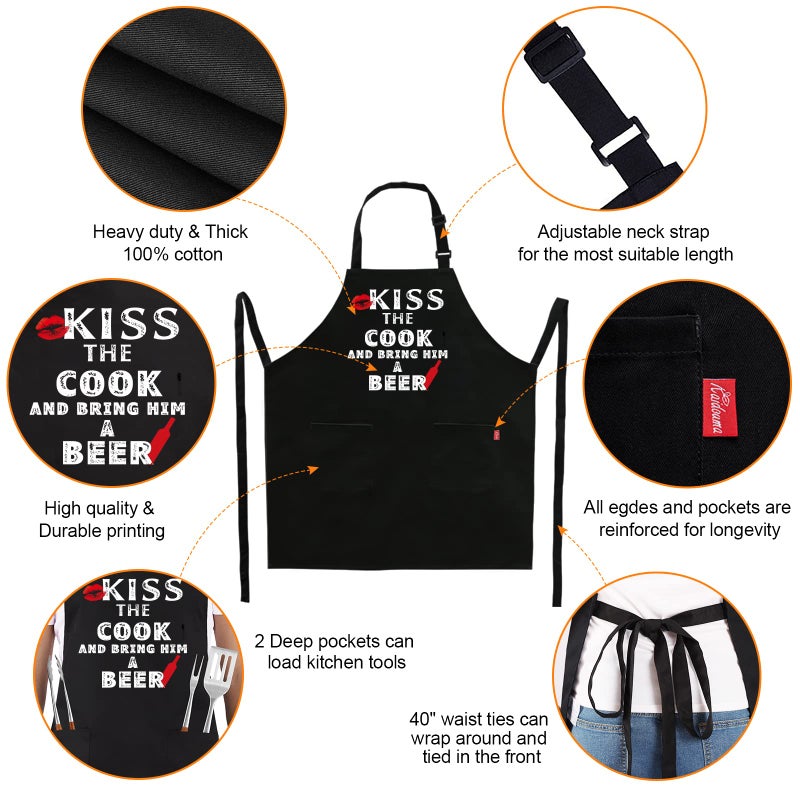 ALIPOBO Grilling Apron - KISS THE COOK AND BRING HIM A BEER - Funny BBQ Aprons for Men Women Chef, Adjustable Kitchen Bib Apron with 2 Pockets and 40" Long Ties, Perfect for Cooking, Baking - Black - Image 3