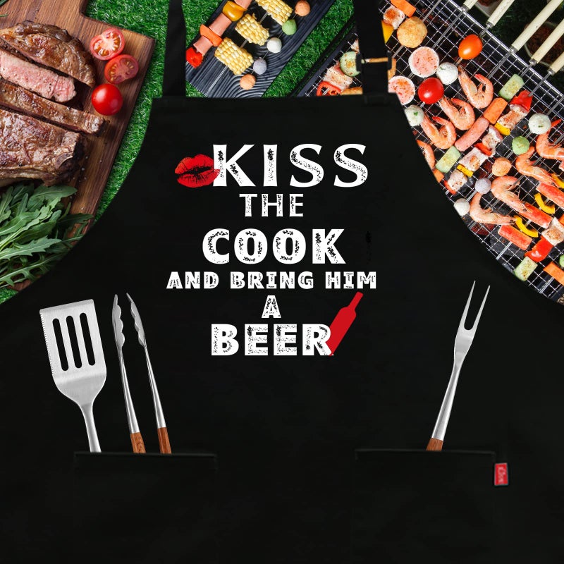 ALIPOBO Grilling Apron - KISS THE COOK AND BRING HIM A BEER - Funny BBQ Aprons for Men Women Chef, Adjustable Kitchen Bib Apron with 2 Pockets and 40" Long Ties, Perfect for Cooking, Baking - Black - Image 2