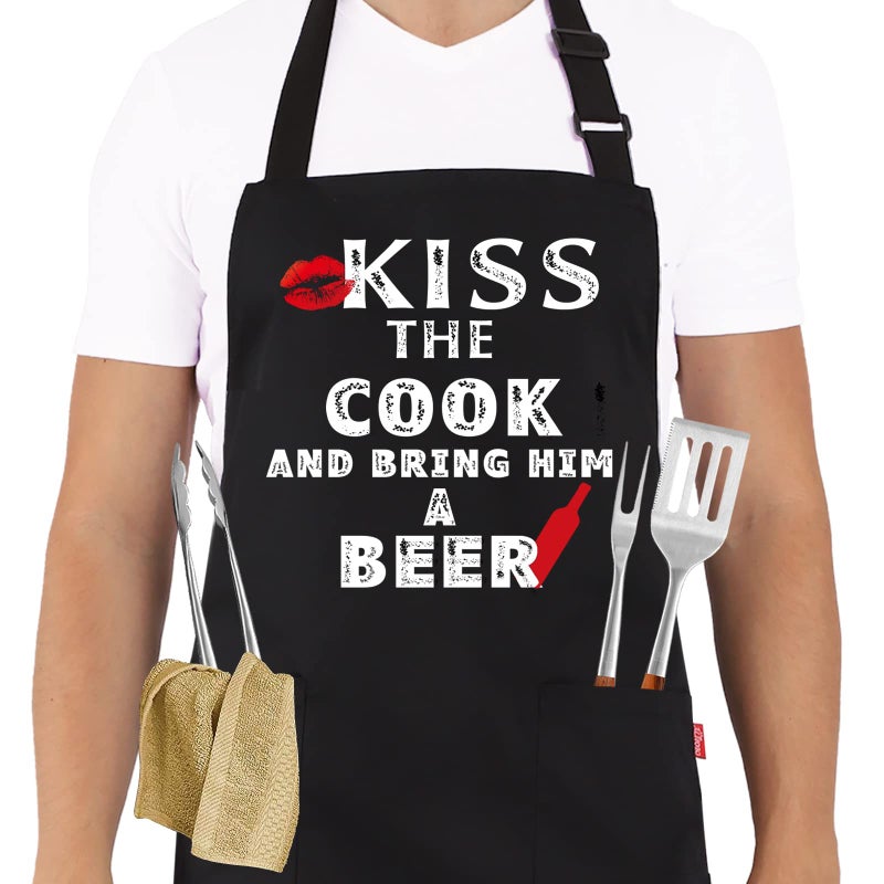 ALIPOBO Grilling Apron - KISS THE COOK AND BRING HIM A BEER - Funny BBQ Aprons for Men Women Chef, Adjustable Kitchen Bib Apron with 2 Pockets and 40" Long Ties, Perfect for Cooking, Baking - Black - Image 1
