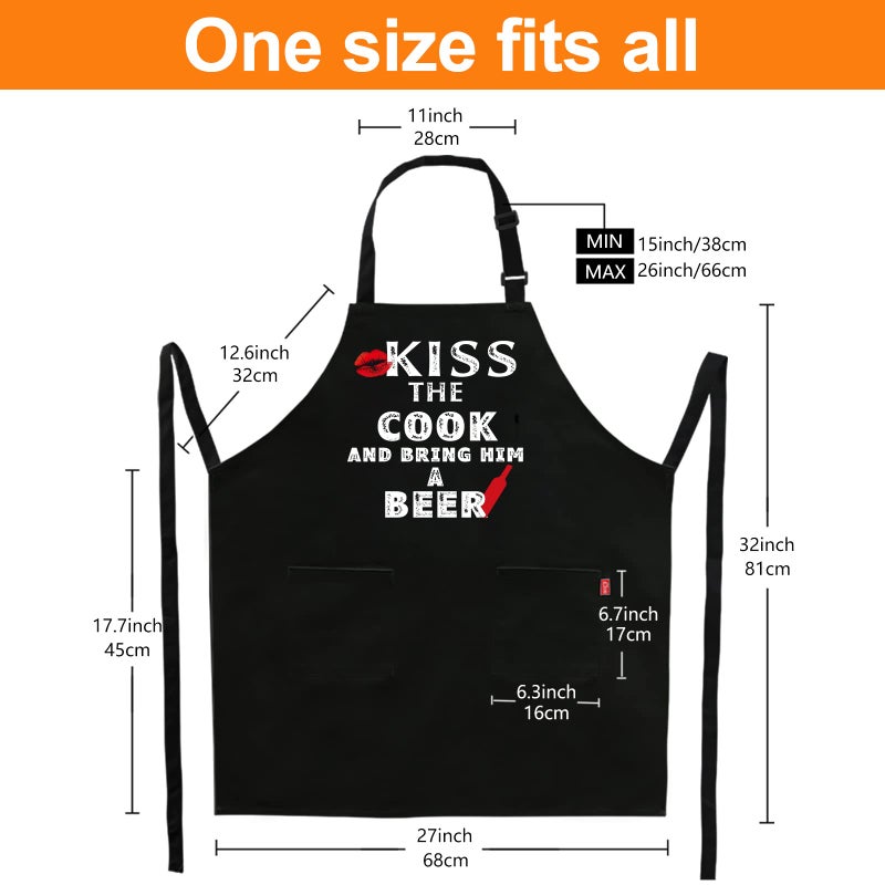 ALIPOBO Grilling Apron - KISS THE COOK AND BRING HIM A BEER - Funny BBQ Aprons for Men Women Chef, Adjustable Kitchen Bib Apron with 2 Pockets and 40" Long Ties, Perfect for Cooking, Baking - Black - Image 4