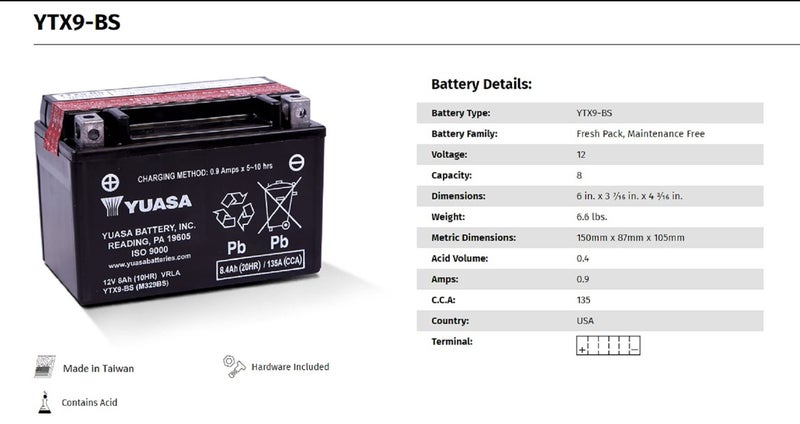 Yuasa YUAM329BS YTX9-BS Maintenance Free AGM Battery with Acid pack - Image 3