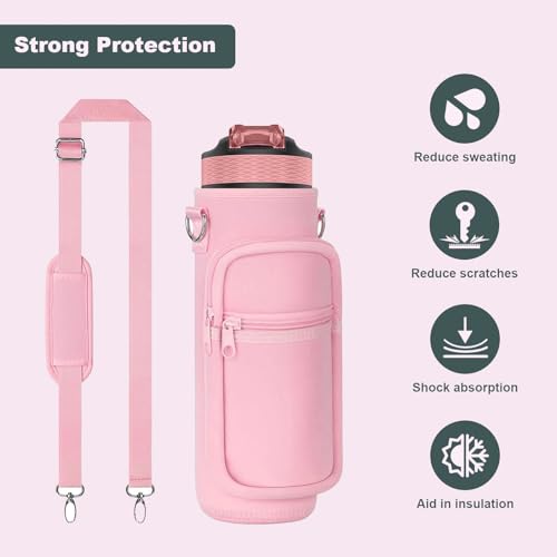 Doacpcr 32 oz Water Bottle Carrier Bag, 32/40 oz Water Bottle Holder with Strap, Sling Bag Sleeve Pouch Holder with Phone Pocket and Small Pocket for Walking Hiking Camping Gym(2.95"W * 9.05"H)（Pink） - Image 3