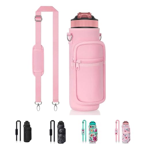 Doacpcr 32 oz Water Bottle Carrier Bag, 32/40 oz Water Bottle Holder with Strap, Sling Bag Sleeve Pouch Holder with Phone Pocket and Small Pocket for Walking Hiking Camping Gym(2.95"W * 9.05"H)（Pink） - Image 1