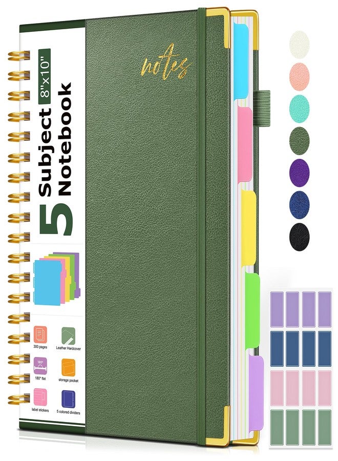 PAPEJOON 5 Subject Spiral Notebook Journal with Removable Dividers Tabs, 300 Pages Organizer Notebooks for Work School, Hardcover Leather Notebook College Ruled, 8"x10" Large Lined Journal for Women, Green - Image 1
