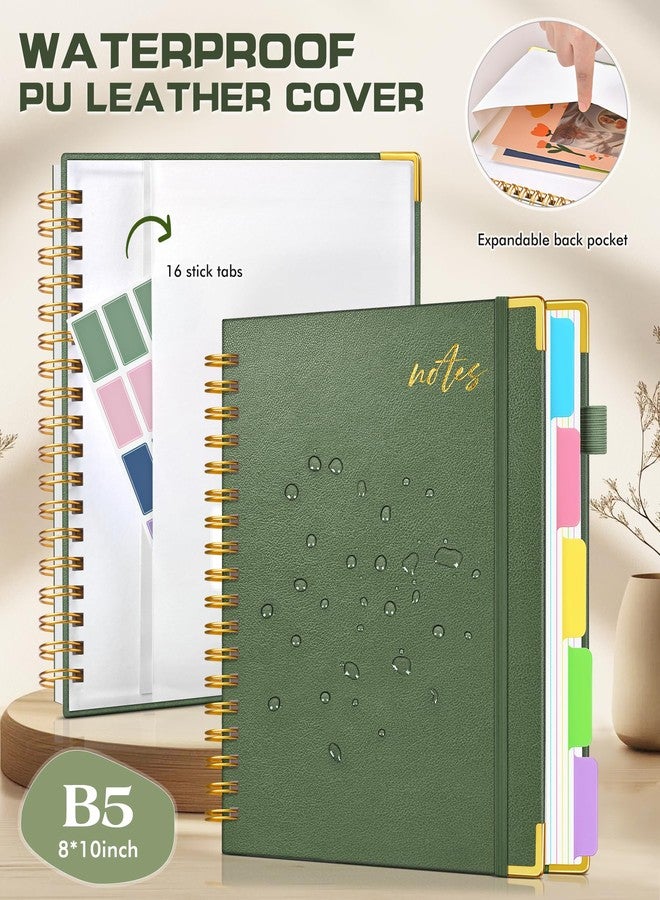 PAPEJOON 5 Subject Spiral Notebook Journal with Removable Dividers Tabs, 300 Pages Organizer Notebooks for Work School, Hardcover Leather Notebook College Ruled, 8"x10" Large Lined Journal for Women, Green - Image 3
