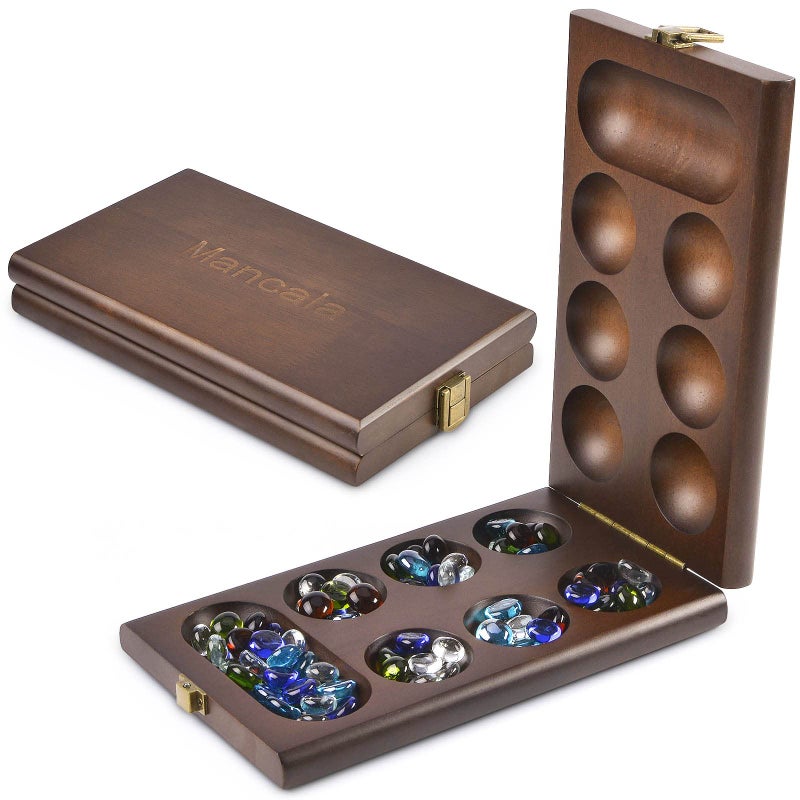 AMEROUS Wooden Mancala Board Game Set with 728 Bonus Multi Color Glass Stones Folding Board Mancala Instructions Classic Family Board Game for Kids Adults Tabletop Version