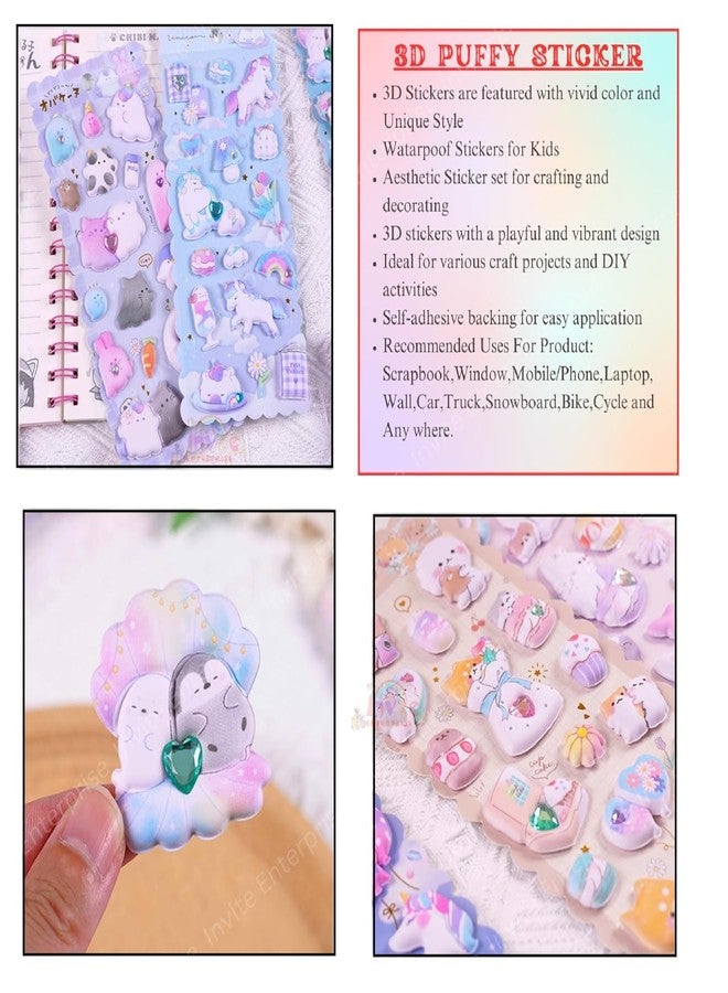 Funspark Cute Little Animals (A) 6 Sheet 3D Puffy Sticker Set – Kawaii Unicorn, Bunny & Baby Animal Glitter Self-Adhesive Stickers for Scrapbook, Diary, Laptop & Kids Crafts - Image 4