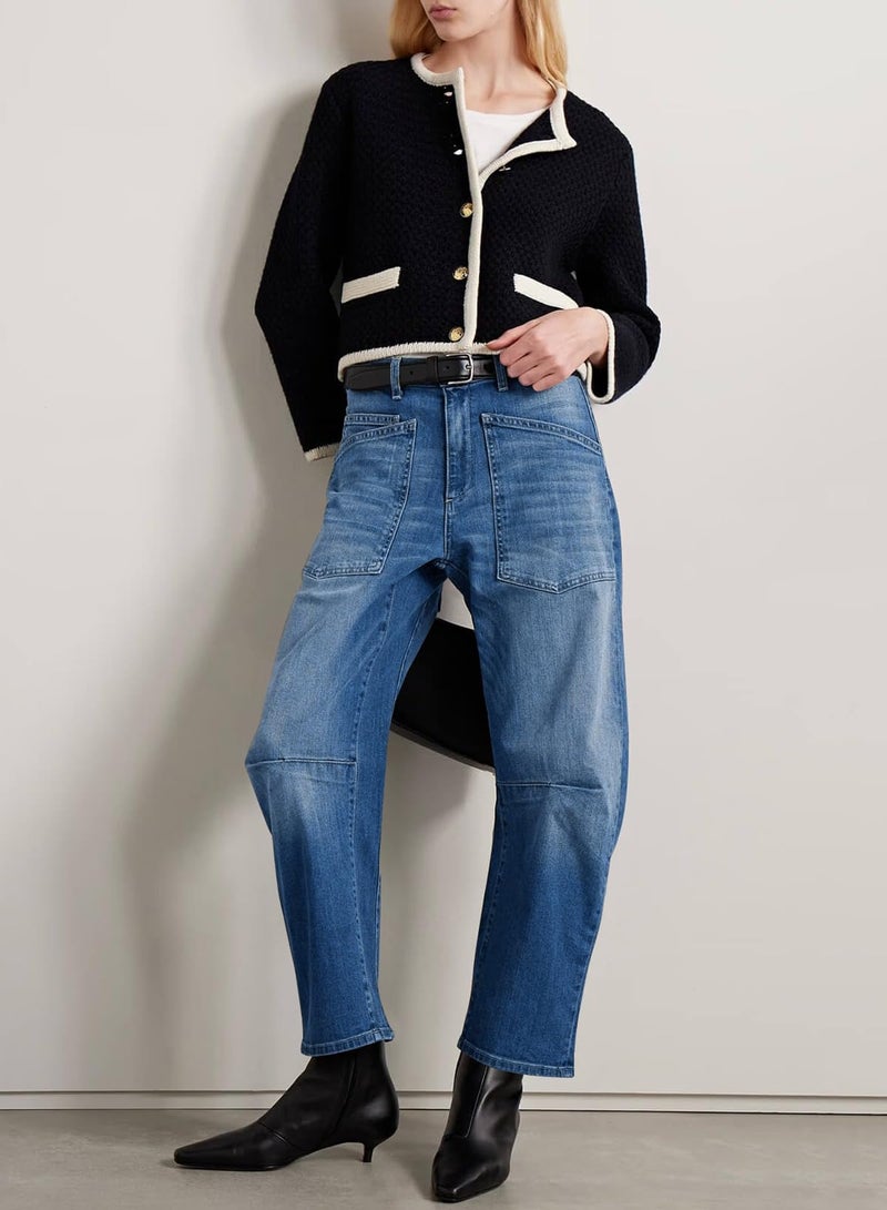 EVALESS Baggy Jeans for Women Trendy 2025 Casual Stretchy High Waisted Wide Leg Boyfriend Mom Barrel Jean Navy Blue Size 8 - Image 3