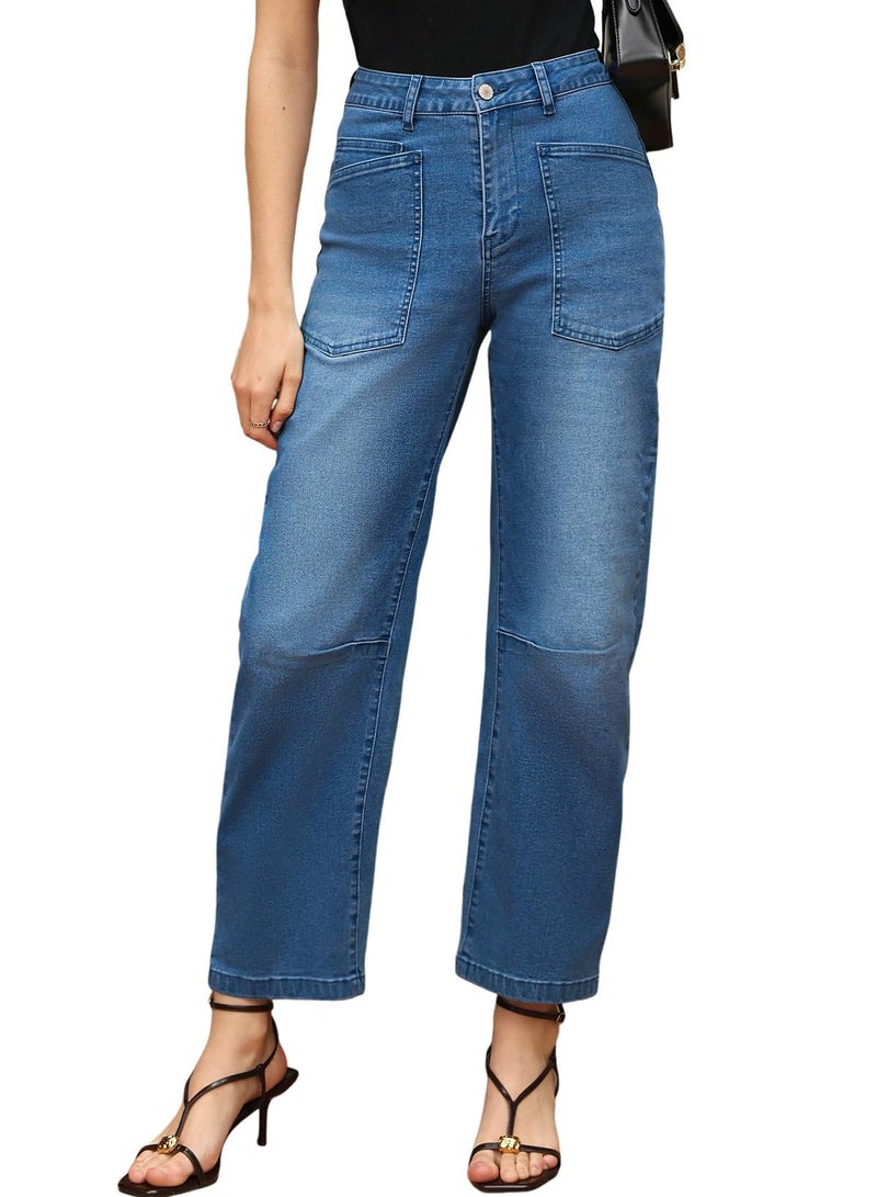 EVALESS Baggy Jeans for Women Trendy 2025 Casual Stretchy High Waisted Wide Leg Boyfriend Mom Barrel Jean Navy Blue Size 8 - Image 2