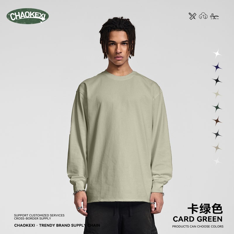 Autumn American high street solid color heavyweight 305g pure cotton short-sleeved loose long-sleeved basic men's and women's small neckline men's clothing - Image 3