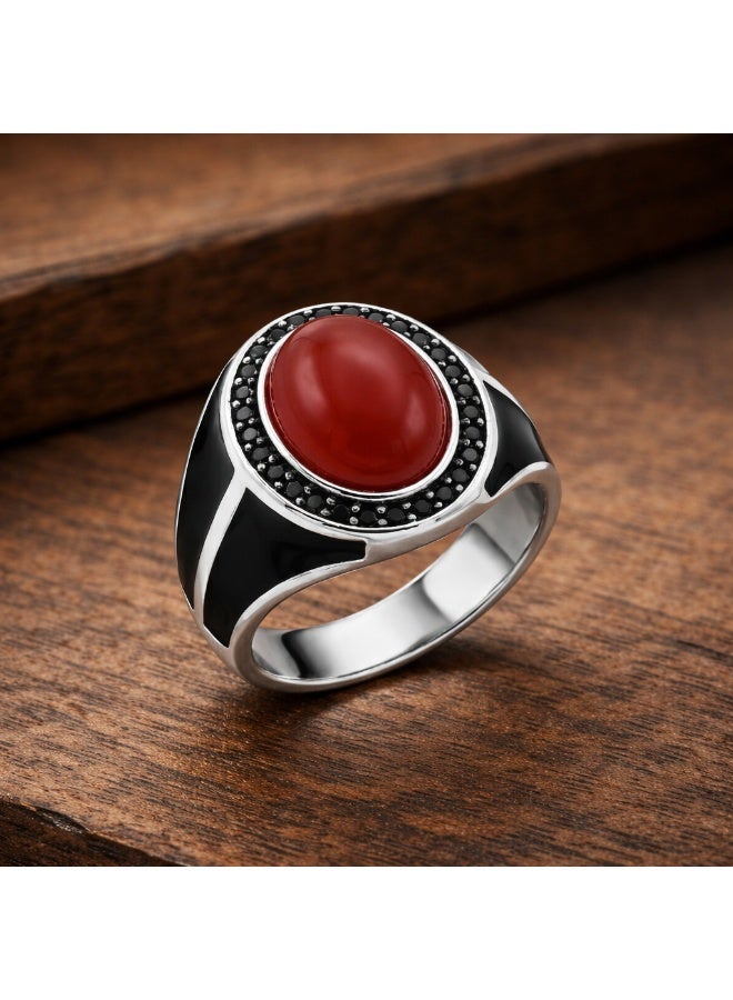 FINE SILVER 925 Sterling Silver Men's Modern Signet Ring with Oval Red Stone and Black Enamel - Image 3