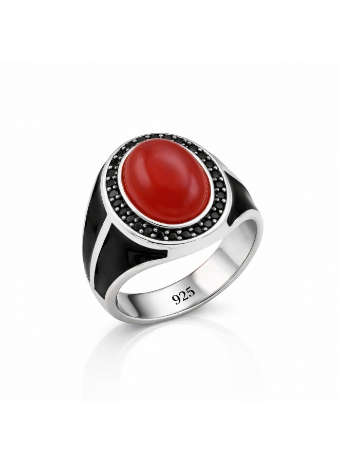 FINE SILVER 925 Sterling Silver Men's Modern Signet Ring with Oval Red Stone and Black Enamel - Image 1