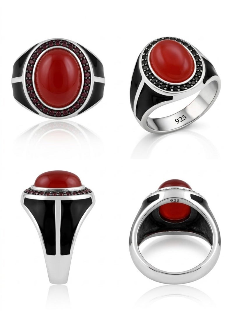 FINE SILVER 925 Sterling Silver Men's Modern Signet Ring with Oval Red Stone and Black Enamel - Image 2