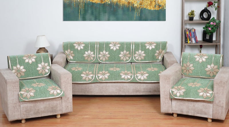 MORADO Chenille 5 Seater Sofa Set for Living Room, Drawing Room and Offce (3 Sitting Sofa Cover + 1 Sitting Sofa Cover + 1 Sitting Sofa Cover) - Light Green - Image 1
