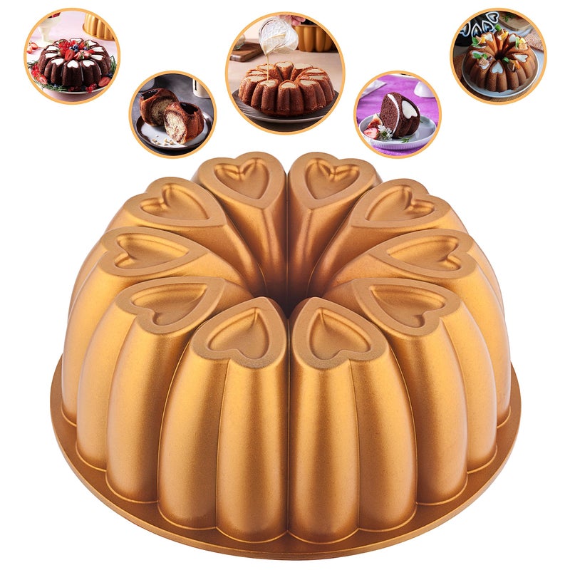 Mienca Cake Pan Non-Stick, Heart Shape, 10 Inch Baking Mold, Cast Aluminum Fluted Tube Pan, Easy to Clean, Heavy Duty, Titanium Coating (Gold) - Image 1