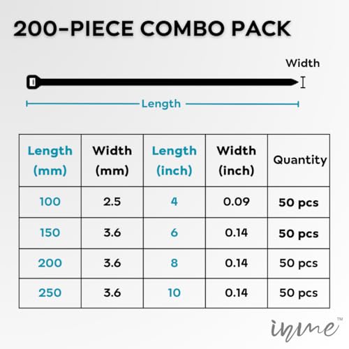 Inme Cable Tie/Zip Tie Tags Plastic Ties Lock Strip Strap Self Locking Nylon Wire Tag Belt Heavy Duty & Durable Combo - 50 pcs each (White, 4, 6, 8, 10 inch Combo - 200 pcs) - Image 3