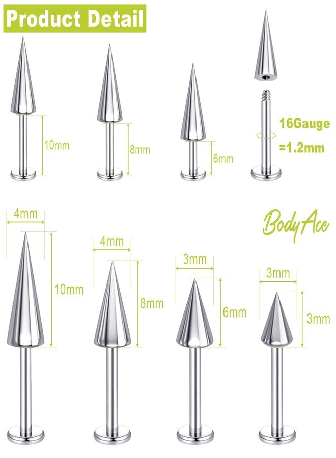 أقراط BodyAce 16G Spike Flact Back، حلقات غضروف الشفاه، أقراط من الفولاذ المقاوم للصدأ لثقب غضروف الأذن (Daith Helix Tragus)، ثقب شحمة الأذن (Rook) للنساء والرجال (الطول: 8 مم) - Image 2