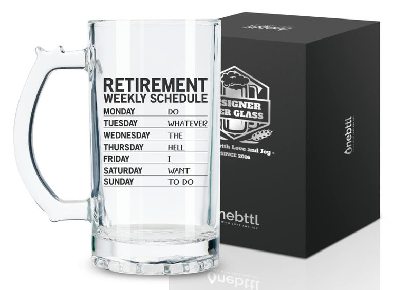 Onebttl Onebttl Retirement Gifts for Men Funny Retirement Beer Mug 17oz 500ml Retired Gifts for Grandpa Police Teacher Boss Beer Glass Gifts for Retired Men  Retirement Weekly Schedule 
