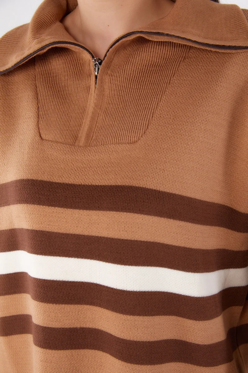 Tofisa Plain Shirt Collar Women's Mink Striped Knit Tunic - 26419