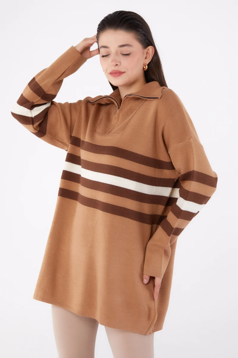 Tofisa Plain Shirt Collar Women's Mink Striped Knit Tunic - 26419