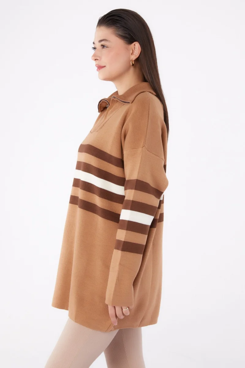 Tofisa Plain Shirt Collar Women's Mink Striped Knit Tunic - 26419