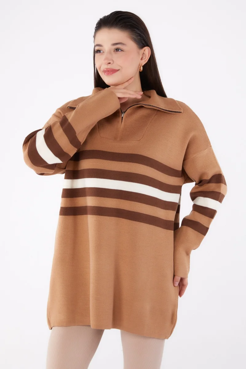 Tofisa Plain Shirt Collar Women's Mink Striped Knit Tunic - 26419