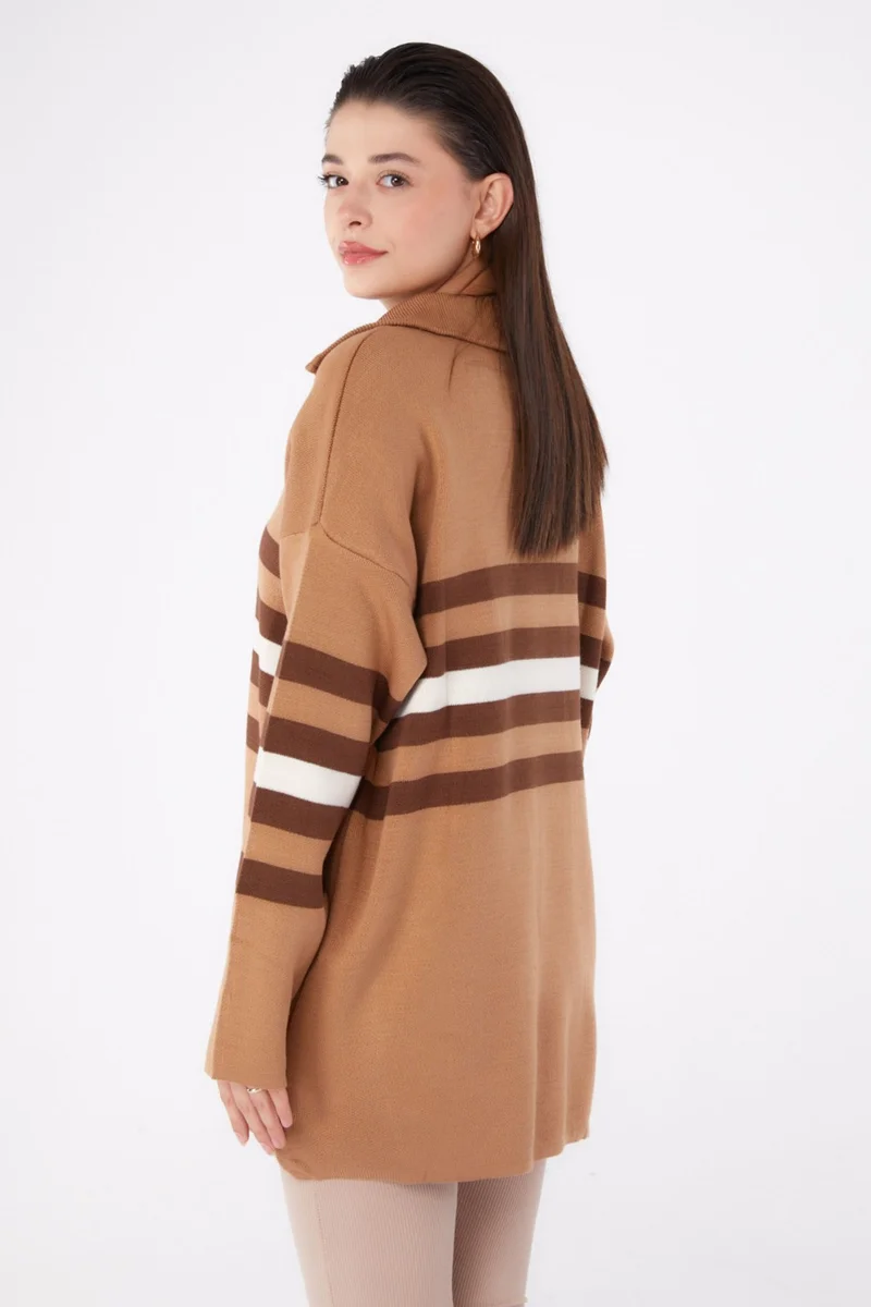 Tofisa Plain Shirt Collar Women's Mink Striped Knit Tunic - 26419