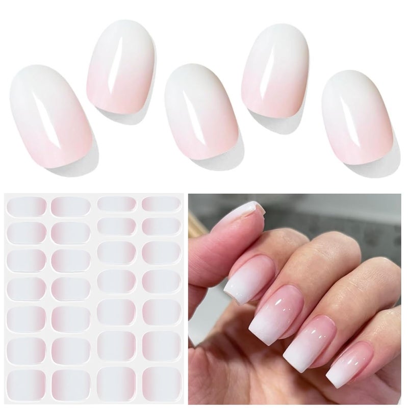 DUKASOU Semi Cured Gel Nail Strips, Pink fingertips| 28 pcs Gel Nail Strips Work with Any UV Lamp, Salon Quality UV Gel Nail Stickers, Easy to Apply for Home Nails DIY